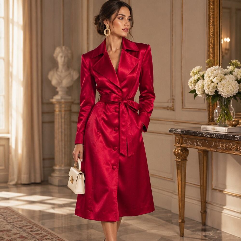 Kasper Red Satin Trench‑Style Dress – Size 6 – NWT